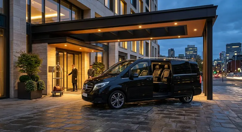 Black 6 seater MPV taxi parked outside a city hotel