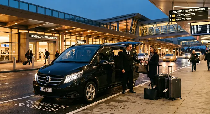 Driver meeting passengers with suitcases at an airport terminal drop-off