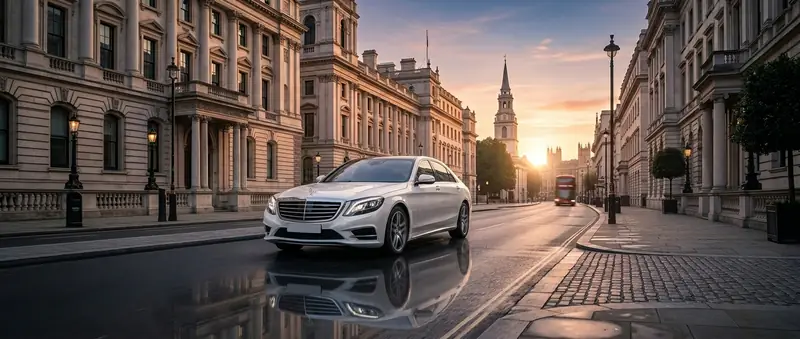 Chauffeur-driven taxi waiting outside a London hotel entrance at dusk