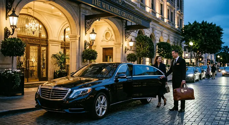 Chauffeur opening the rear door of a black saloon outside a hotel